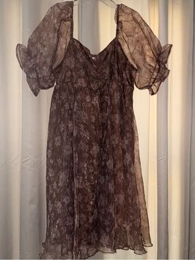 Sheer Floral Puff-Sleeve Midi Dress in Brown